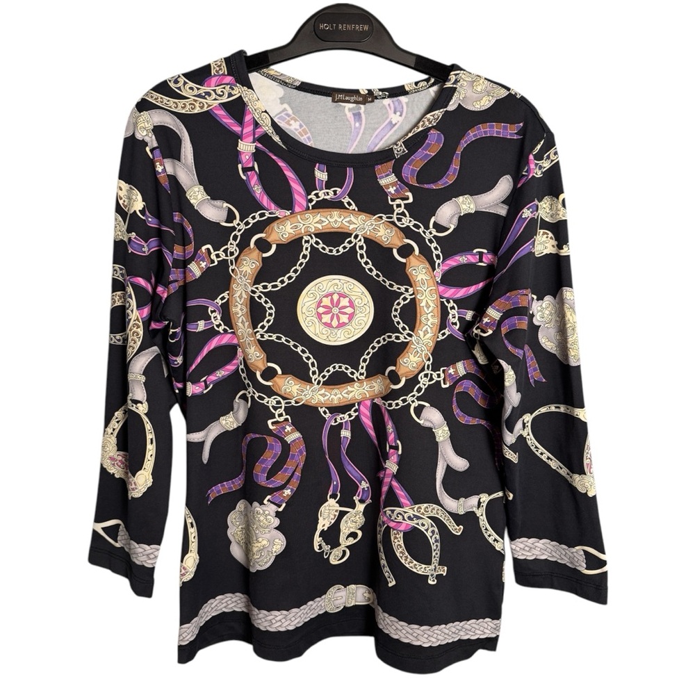 J. Mclaughlin Catalina Cloth Top Sz M Knit Signature Equestrian Print Classic